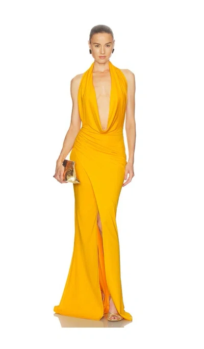 Lapointe Matte Tech Cowl Neck Shirred Gown In Yellow
