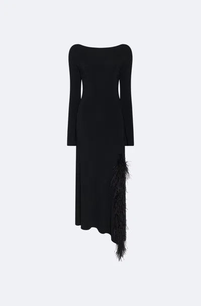 Lapointe Matte Viscose Boatneck Dress With Feathers In Black