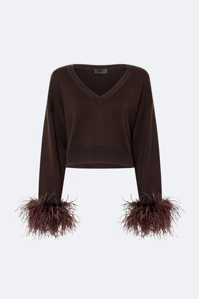 Lapointe Merino Cropped V-neck Sweater With Classic Feathers In Chocolate