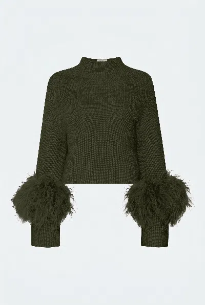 Lapointe Merino Mock Neck Sweater With Feathers In Green