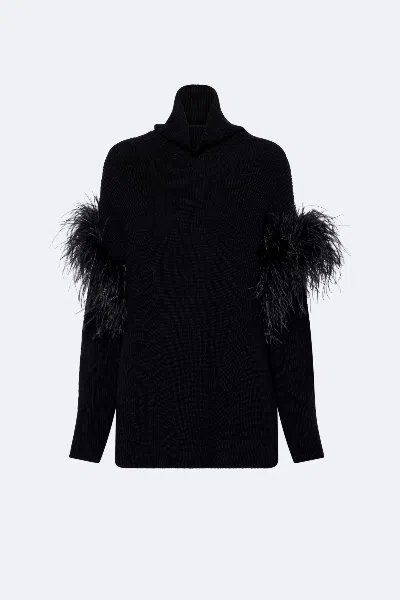 Lapointe Merino Turtleneck Sweater With Feather Trim In Black
