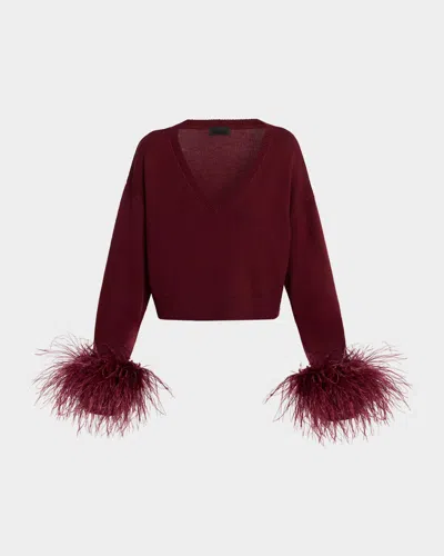 Lapointe Merino Wool V-neck Crop Sweater With Feather Cuffs In Red