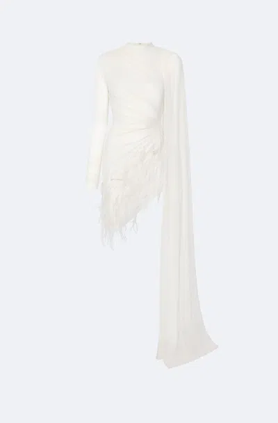 Lapointe Mesh High Neck Cape Dress With Feathers In White