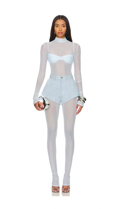 Lapointe Mesh Mock Neck Catsuit In Baby Blue