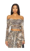 Lapointe Printed Mesh Off-the-shoulder Crop Top In 蛇纹印花