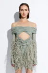 Lapointe Mesh Off The Shoulder Cut Out Ruched Bodysuit In Jade
