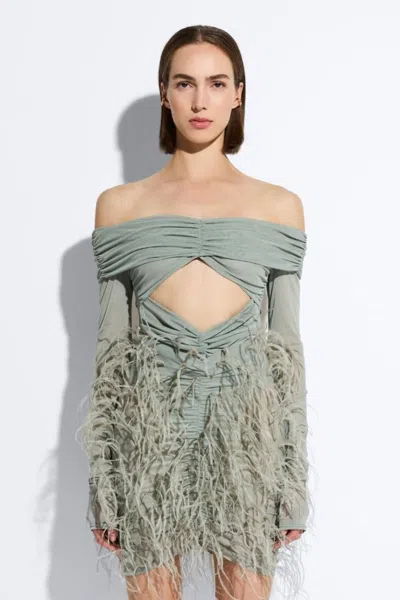 Lapointe Mesh Off The Shoulder Cut Out Ruched Bodysuit In Jade