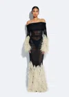Lapointe Mesh Off The Shoulder Gown With Feathers In Black