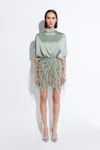 Lapointe Mesh Ruched Mini Skirt With Feathers In Jade