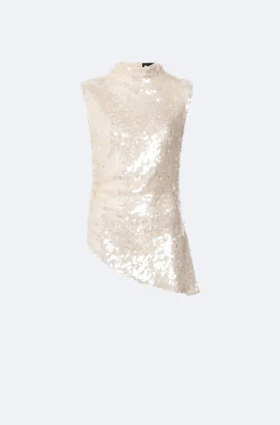 Lapointe Mesh Sequin Mockneck Top With Pleats In Ecru