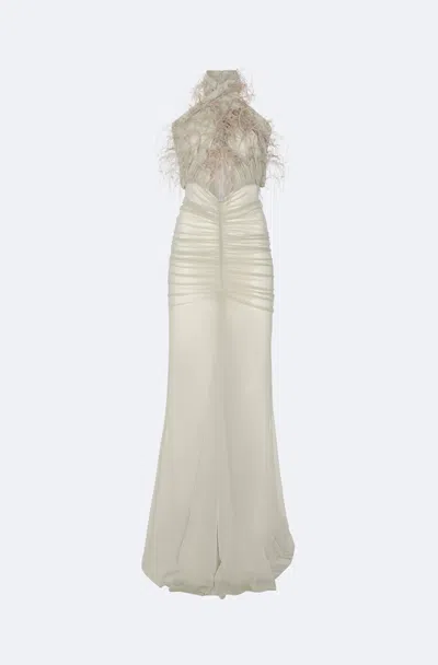 Lapointe Mesh Sleeveless Halter Ruched Gown With Feathers In Silver