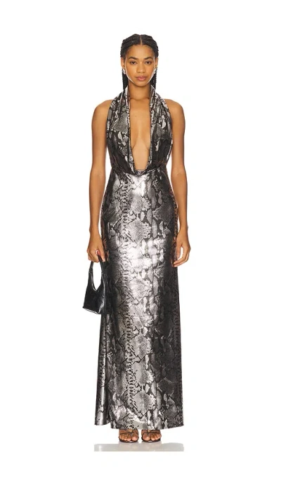 Lapointe Metal Snake Deep Cowl Neck Gown In Silver