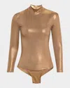 Lapointe Coated-jersey Mock-neck Bodysuit In Pale Gold