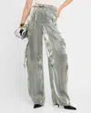 Lapointe Metallic Organza Belted Straight-leg Cargo Pants In Steel