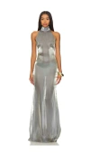 Lapointe Open Back Metallic Organza Halter Gown In Steel