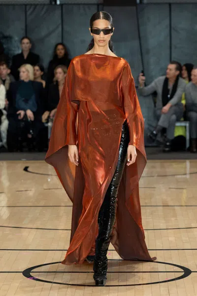 Lapointe Metallic Organza Layered Gown With Cape In Brown