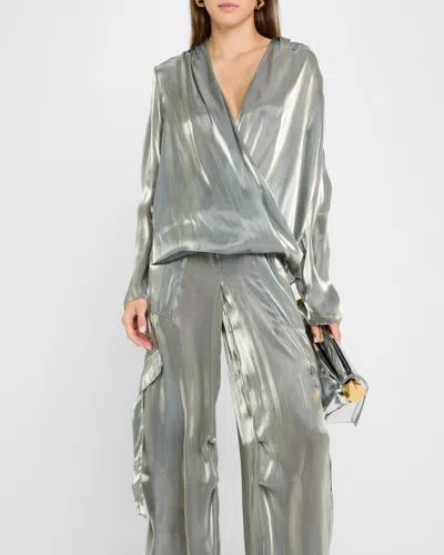 Lapointe Metallic Organza Wrap Top In Steel