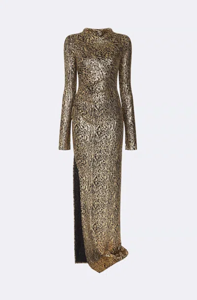 Lapointe Metallic Snake Jersey Long Sleeve Ruched Gown In Brown
