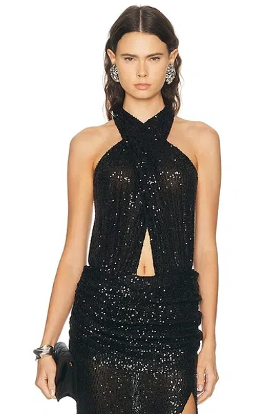 Lapointe Mini Stretch Sequin Halter Cutout Bodysuit In Black