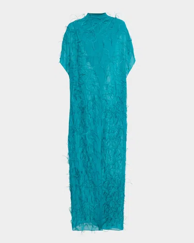 Lapointe Mock-neck Feather-trim Georgette Crisscross Maxi Top In Blue