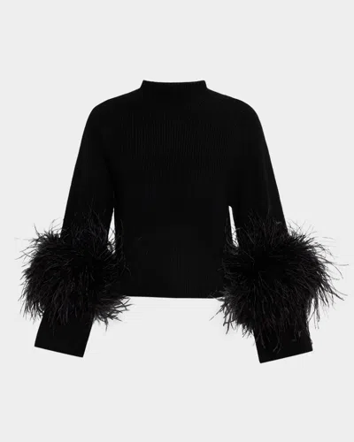 Lapointe Mock-neck Merino Rib Sweater With Feathers In Black