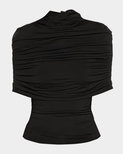 Lapointe Mock-neck Ruched Jersey Top In Black