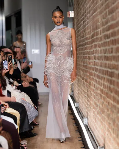 Lapointe Mosaic Crystal Embroidery Sleeveless Boatneck Gown In Silver