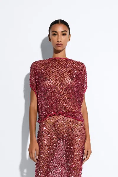 Lapointe Net Mesh Sequin Cape Tee In Deep Pink