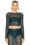Lapointe Net Paillette Cropped Boatneck Top In Green