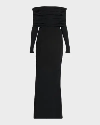 Lapointe Off-the-shoulder Ruched Jersey Long-sleeve Maxi Dress In Black