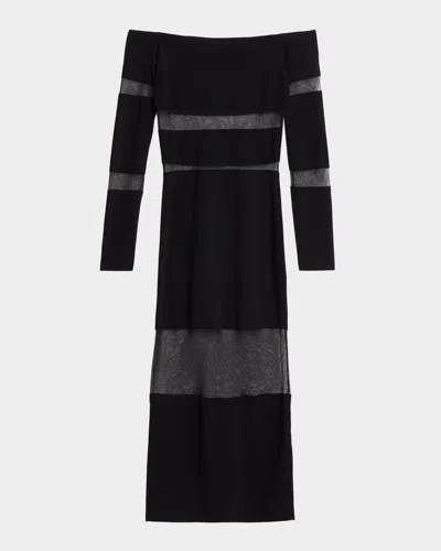 Lapointe Off-the-shoulder Sheer Striped Matte Viscose Midi Dress In Black