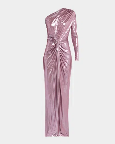 Lapointe One-shoulder Twisted Metallic Coated Jersey Maxi Dress In Pink