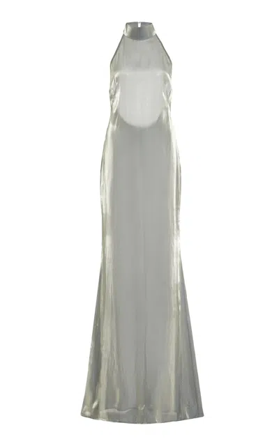Lapointe Open Back Metallic Organza Halter Gown In Silver