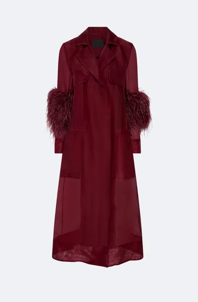 Lapointe Organza Sheer Duster With Feathers In Red