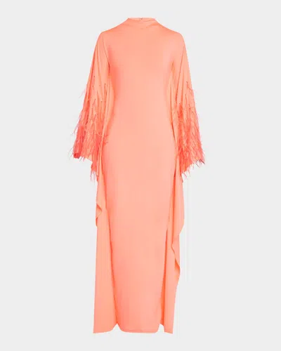 Lapointe Mesh Off Shoulder Batwing Dress With Feathers In Hot Pink