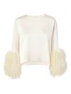 Lapointe Ostrich-feathers-cuff Blouse In Neutral