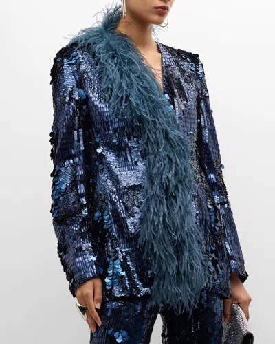 Lapointe Patchwork Sequined Collarless Blazer With Feathers In Black