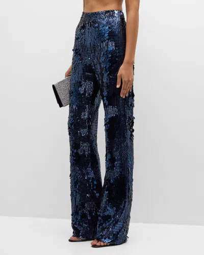 Lapointe Patchwork Sequined Stretch Flare Pants In Blue