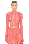 Lapointe Pleated Georgette Long Sleeve High Neck Top In Hot Coral & Lotus