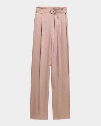 Lapointe Pleated Straight-leg Satin Pants With Belt In Oat