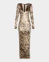 Lapointe Plunging Ocelot-print Velvet Long-sleeve Maxi Dress In Multi