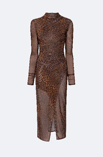 Lapointe Printed Mesh Draped Midi Dress In Leopard