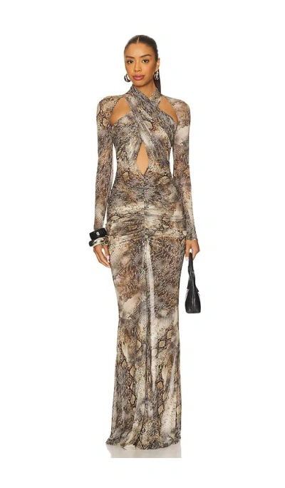 Lapointe Printed Mesh Halter Ruched Gown In Brown
