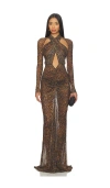 Lapointe Printed Mesh Halter Ruched Gown In Brown