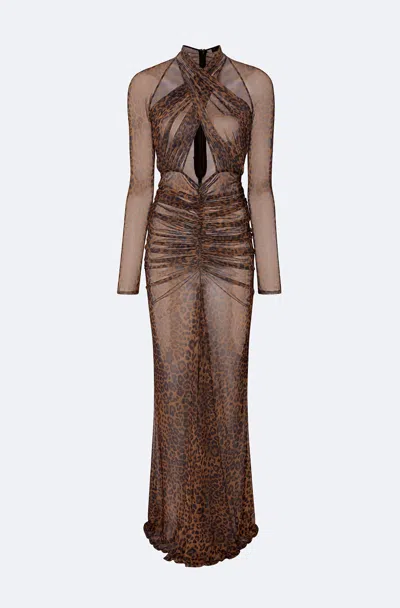 Lapointe Printed Mesh Halter Ruched Gown In Leopard