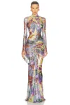 Lapointe Printed Mesh Halter Ruched Gown In Marble