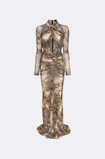 Lapointe Printed Mesh Halter Ruched Gown In Snake Print