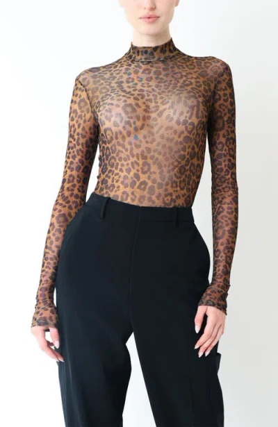 Lapointe Printed Mesh Mock Neck Bodysuit In Brown