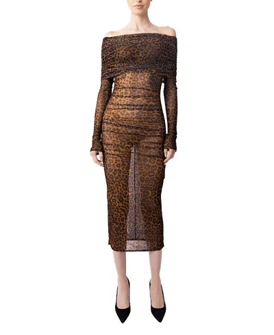 Lapointe Printed Mesh Off Shoulder Midi Dress In Brown
