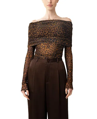 Lapointe Printed Mesh Off Shoulder Top In Brown